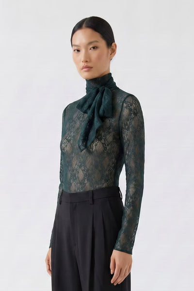 Oui Lace High Neck Green Top
