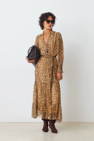 Suncoo Cosmos Long Leopard Print Belted Dress