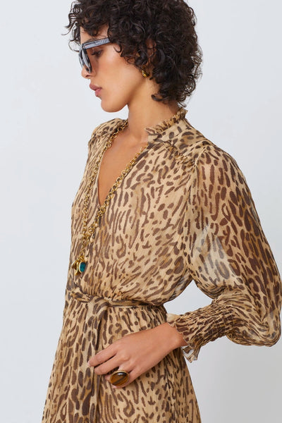 Suncoo Cosmos Long Leopard Print Belted Dress