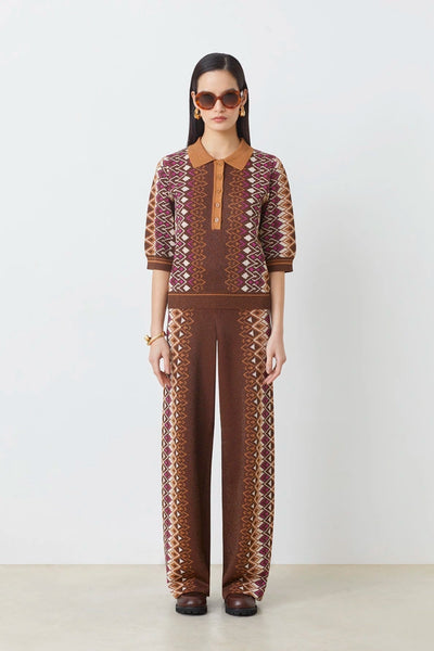 Suncoo Lurex Jacquard Patterned Polo Jumper