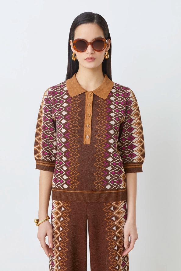 Suncoo Lurex Jacquard Patterned Polo Jumper