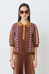 Suncoo Lurex Jacquard Patterned Polo Jumper