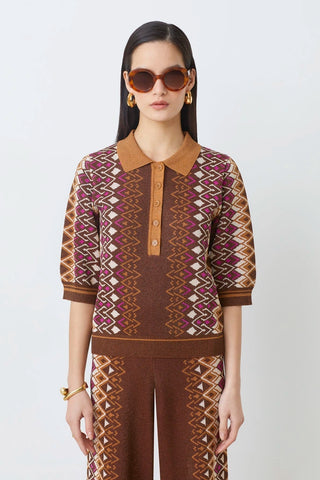 Suncoo Lurex Jacquard Patterned Polo Jumper