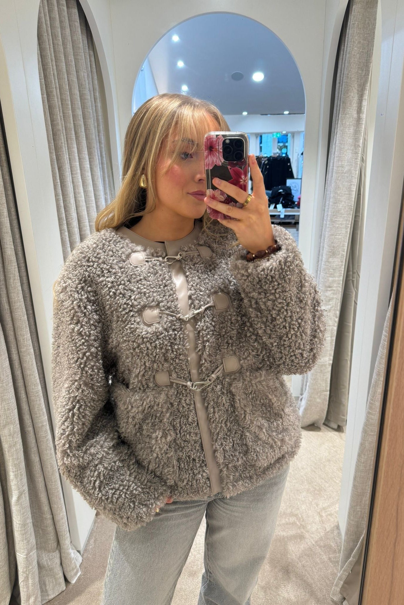 Guess Grey Teddy Clasp Faux Fur Jacket