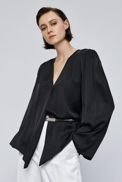 Access Satin Blouse Padded Shoulder Black