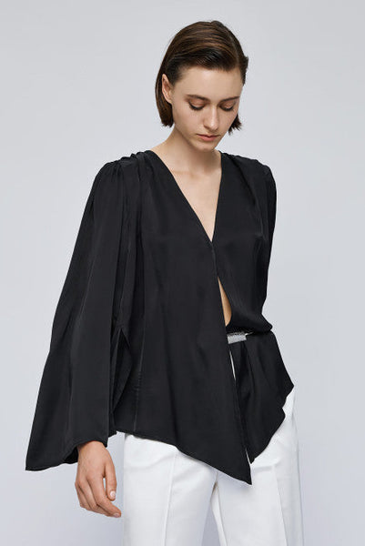 Access Satin Blouse Padded Shoulder Black