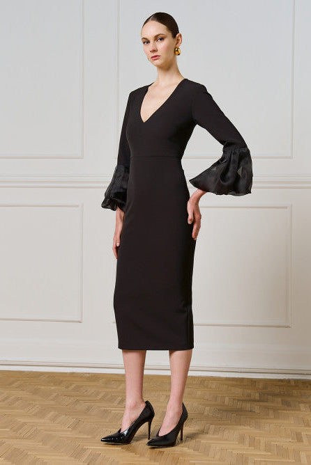 Access Dress With Puffed Organza Sleeves Black