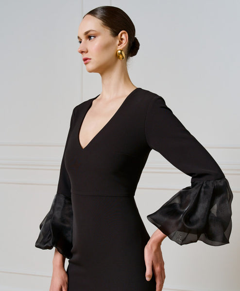 Access Dress With Puffed Organza Sleeves Black