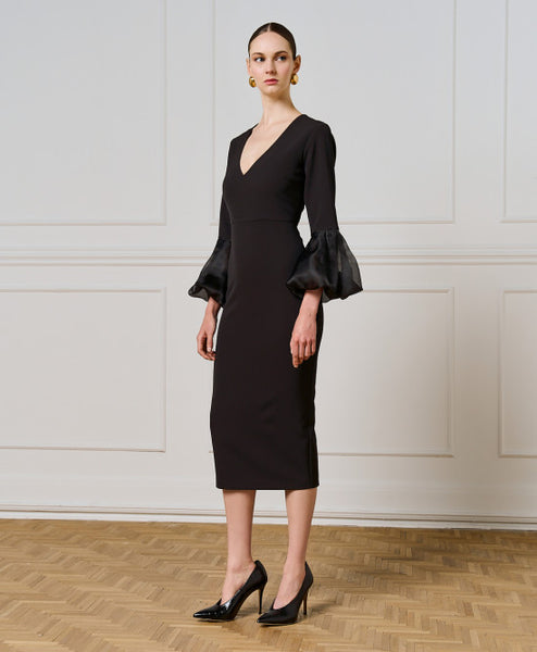 Access Dress With Puffed Organza Sleeves Black