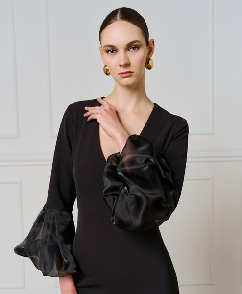 Access Dress With Puffed Organza Sleeves Black