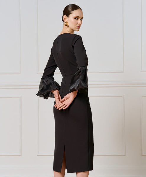 Access Dress With Puffed Organza Sleeves Black