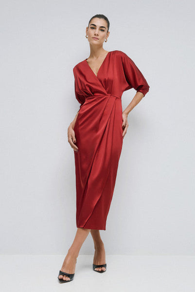 Access Satin Wrap Dress Red