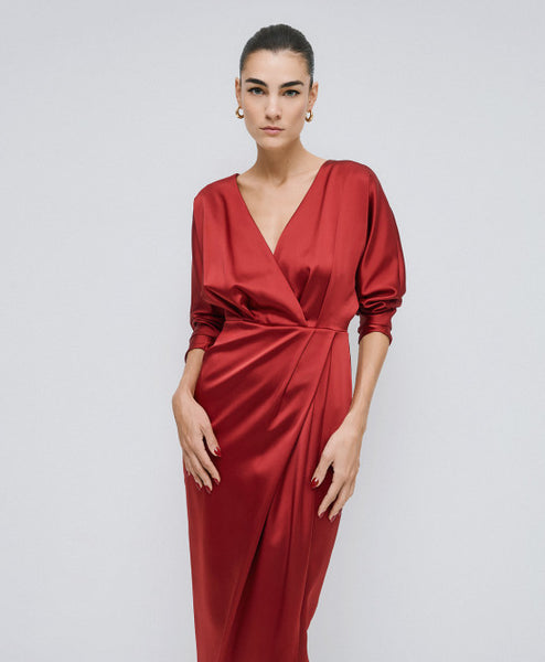 Access Satin Wrap Dress Red