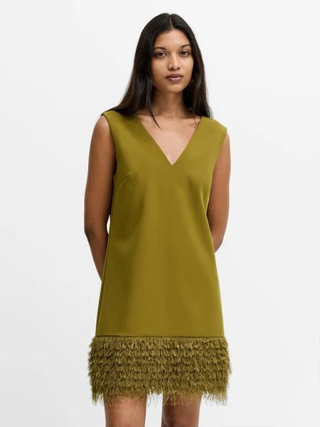 French Connection Azra Green Faux Feather Trim Mini Dress
