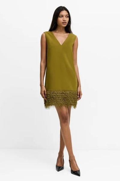 French Connection Azra Green Faux Feather Trim Mini Dress