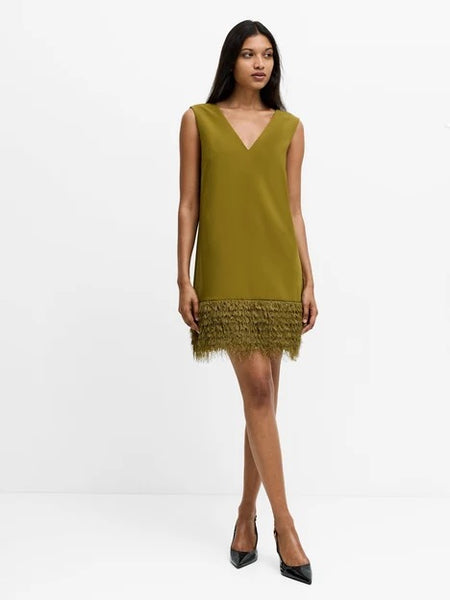 French Connection Azra Green Faux Feather Trim Mini Dress