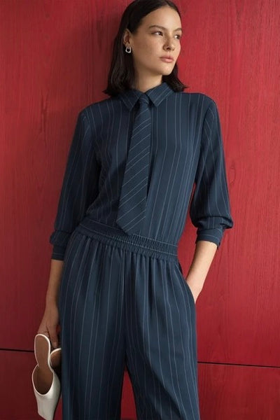 French Connection Erma Navy Pinstripe Tie Long Sleeve Shirt