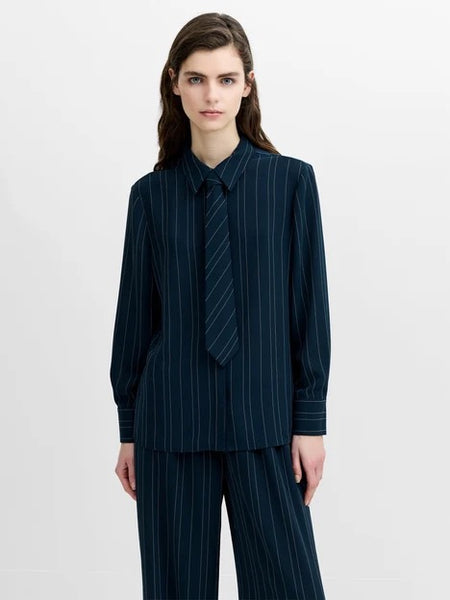 French Connection Erma Navy Pinstripe Tie Long Sleeve Shirt