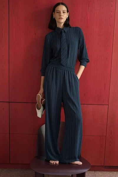 French Connection Erma Navy Pinstripe Pull-On Wide Leg Trousers
