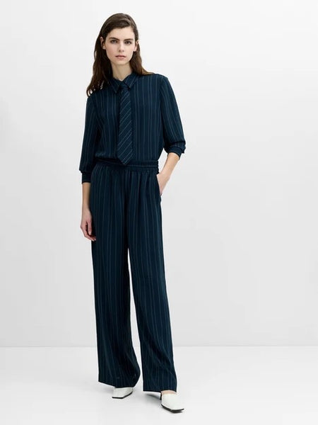 French Connection Erma Navy Pinstripe Pull-On Wide Leg Trousers