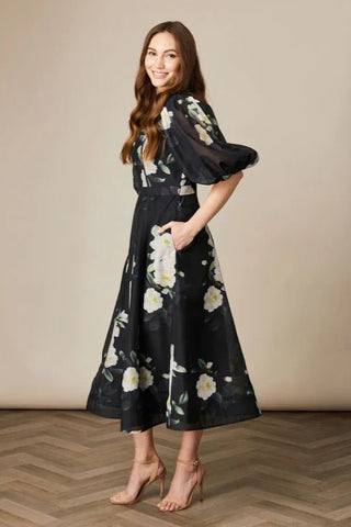 Fee G Kate Pleat Sleeve Printed Dress