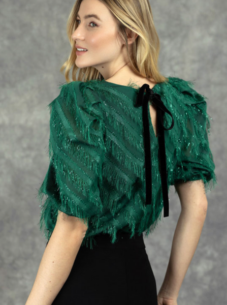 Fee G Fringe Top with Tie in Green