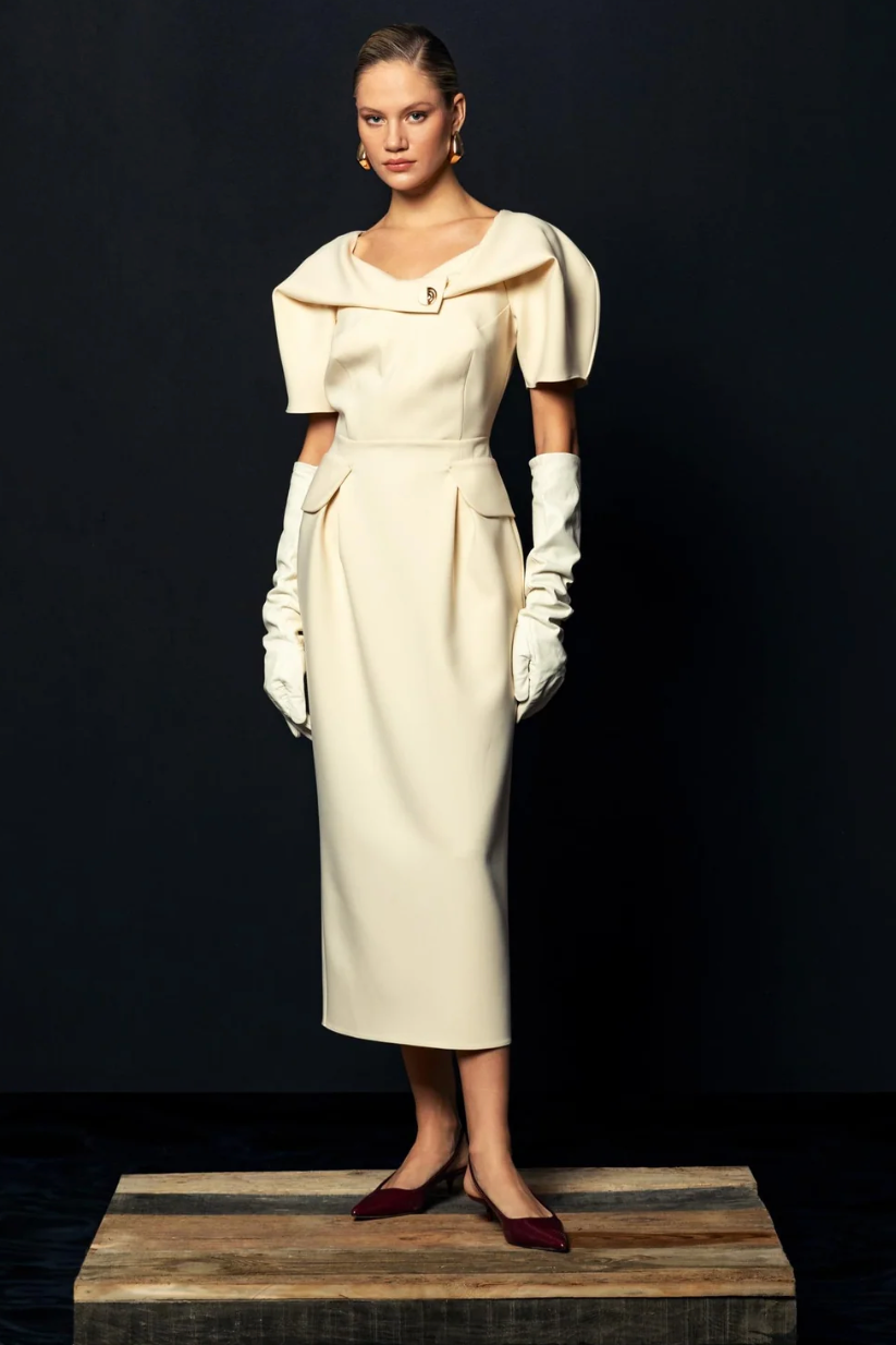 Kameya Draped Structured Shoulder Detail Dress