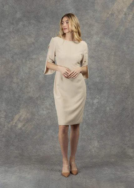 Fee G Rita Tailored Dress with Beaded Sleeve - Biscuit