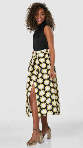 Gold 2-in-1 dress with black top and geometric print