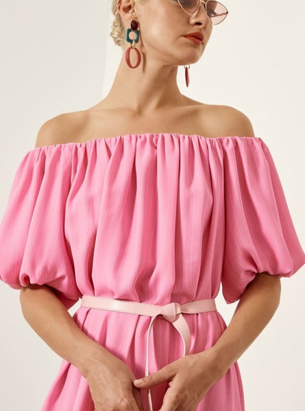 Pinstripe off shoulder dress