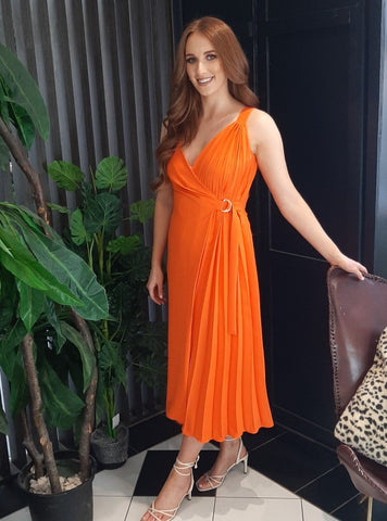 Orange Wrap Pleat Dress